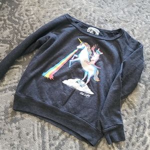 Riot Society Gray Sweater with Cat Riding Unicorn